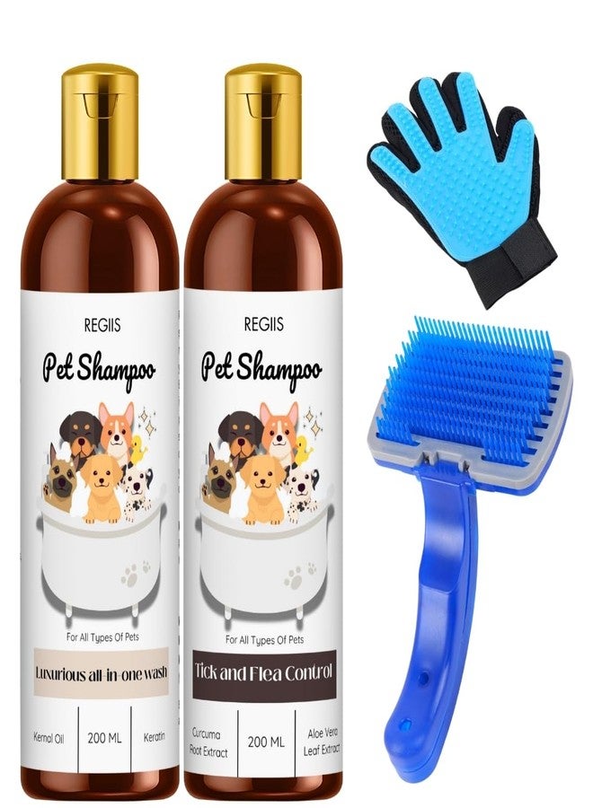 Regiis Pet Shampoo Set with Grooming Brush, Blue, 200ml, Tick Control, All-in-One Wash, Includes Deshedding Glove, for Dogs(Pack of 4) - Image 1